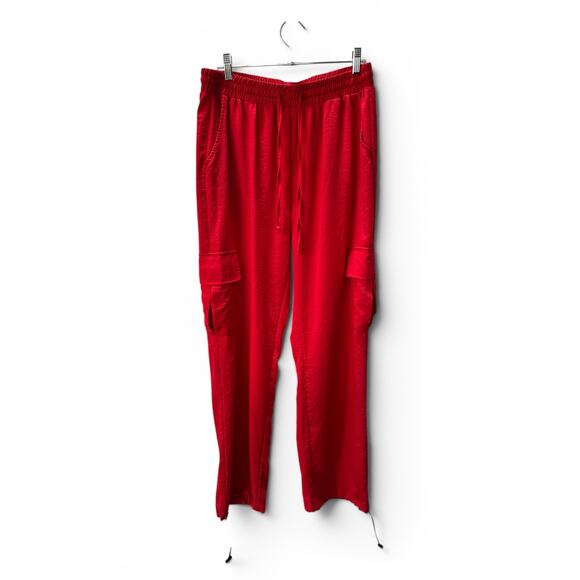 Pinspark Pants - Baggy Cargo Pants Drawstring Ankle Red Relaxed Fit Women’s L EUC